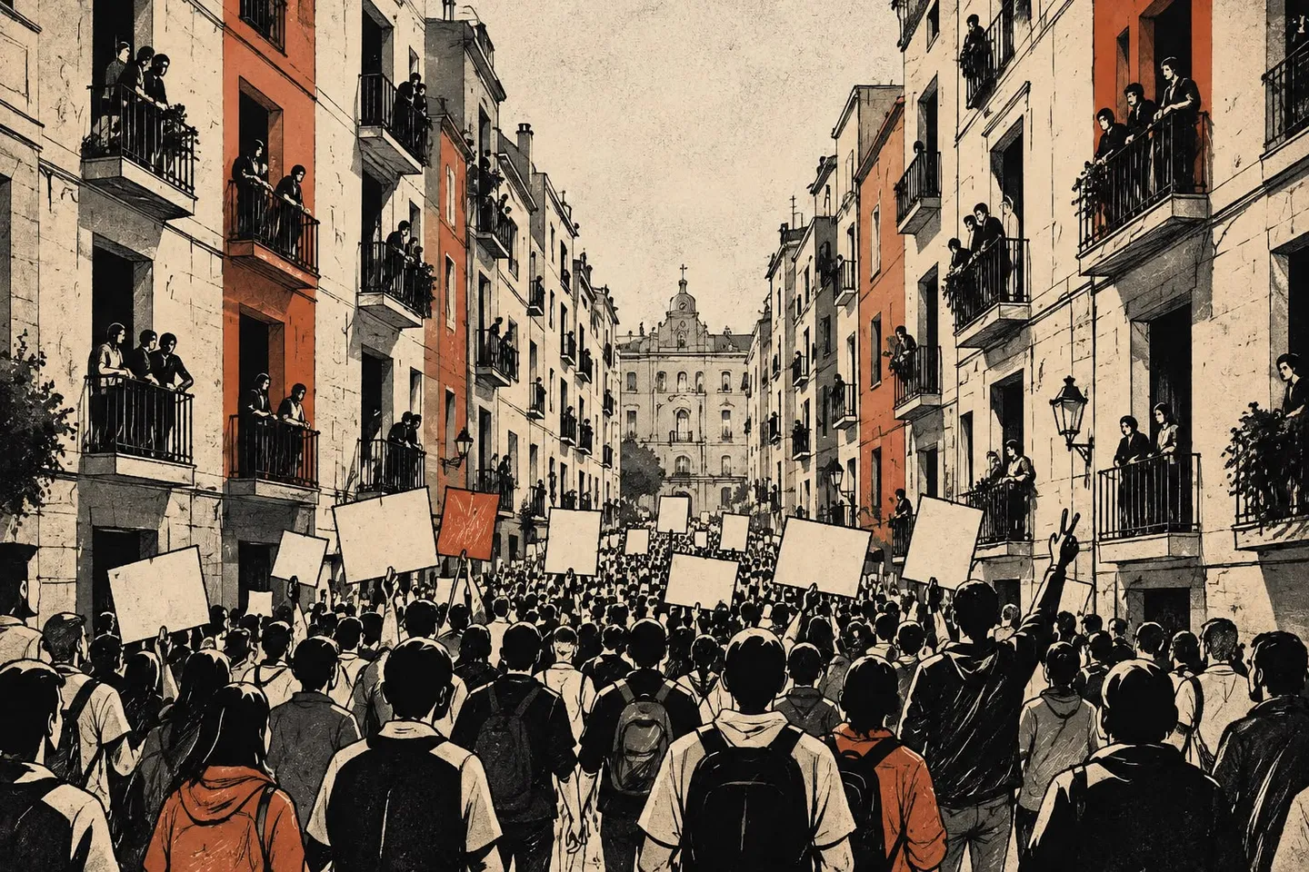 Illustrazione di una manifestazione in una strada cittadina, con una folla che solleva cartelli e persone affacciate ai balconi.