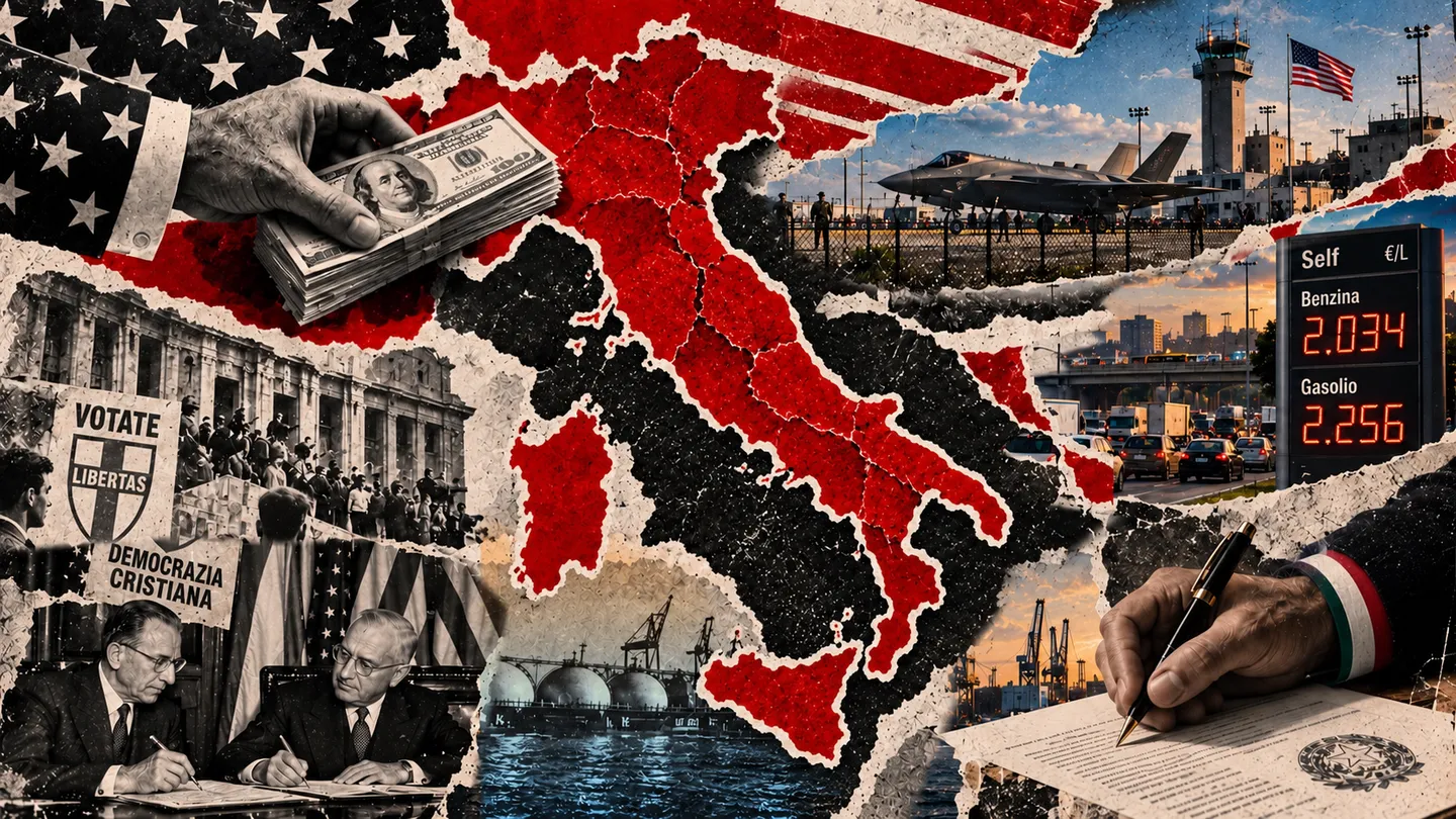 Collage sull’Italia e i rapporti con gli Stati Uniti, con una mappa della penisola, dollari, immagini storiche e impianti energetici